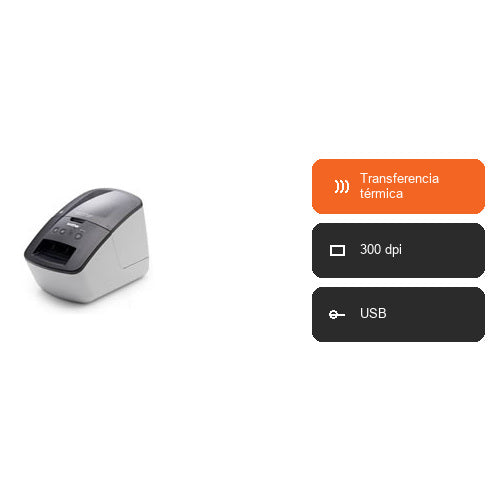 Características de la impresora de etiquetas Brother QL-700 QL700RF1: Transferencia térmica, 300 dpi, USB