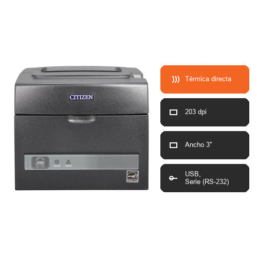 Características de la impresora de etiquetas Citizen CT-S310 negro CTS310IIEBK: Térmica directa, 203 dpi, Ancho 3", USB, Serie (RS-232)