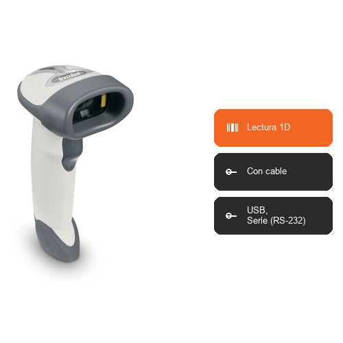 Características del lector de códigos de barras Zebra LS2208 blanco LS2208-SR20001R: Lectura 1D, Con cable, USB, Serie (RS-232)