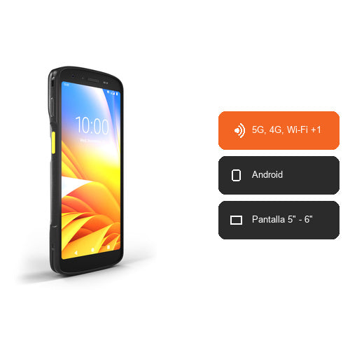 Características del terminal de mano Zebra TC27 WCMTB-T27B8ABE8-A6: 5G, 4G, Wi-Fi +1, Android, Pantalla 5" - 6"