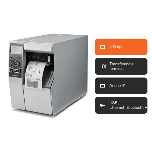 Características de la impresora de etiquetas Zebra ZT510 ZT51043-T1E0000Z: 300 dpi, Transferencia térmica, Ancho 4", USB, Ethernet, Bluetooth +3