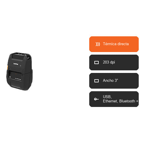 Características de la impresora de etiquetas Brother RJ3230B RJ3230BLZ1: Térmica directa, 203 dpi, Ancho 3", USB, Ethernet, Bluetooth +1
