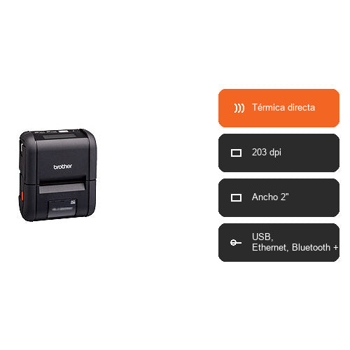 Características de la impresora de etiquetas Brother RJ-2050 RJ2050Z1: Térmica directa, 203 dpi, Ancho 2", USB, Ethernet, Bluetooth +1