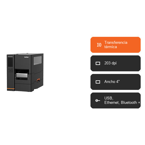 Características de la impresora de etiquetas Brother TJ4422TNZ1 TJ4422TNZ1: Transferencia térmica, 203 dpi, Ancho 4", USB, Ethernet, Bluetooth +2