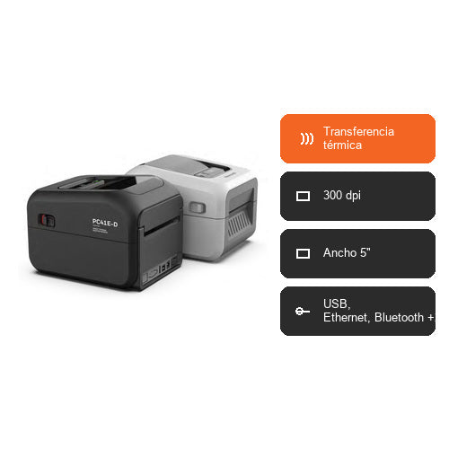 Características de la impresora de etiquetas Honeywell PC42E negro PC42EDB020300: Transferencia térmica, 300 dpi, Ancho 5", USB, Ethernet, Bluetooth +2