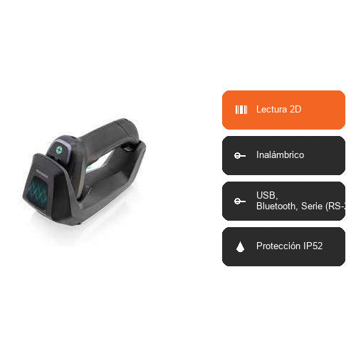 Características del lector de códigos de barras Datalogic GBT4600 GBT4600-HC-BTK1-HP: Lectura 2D, Inalámbrico, USB, Bluetooth, Serie (RS-232), Protección IP52
