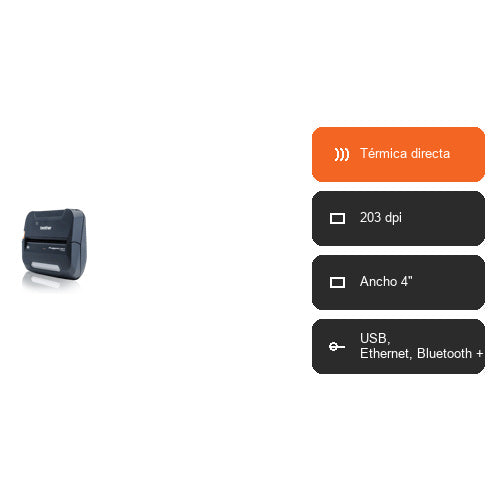 Características de la impresora de etiquetas Brother RJ-4230 RJ4230BZ1: Térmica directa, 203 dpi, Ancho 4", USB, Ethernet, Bluetooth +1