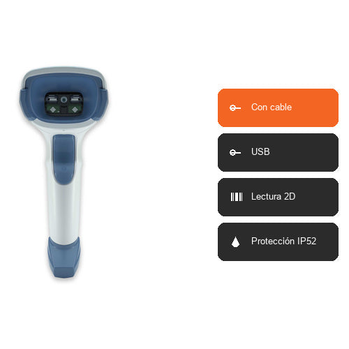 Características del lector de códigos de barras Zebra DS2208 blanco DS2208-HCBU2100AZR: Con cable, USB, Lectura 2D, Protección IP52