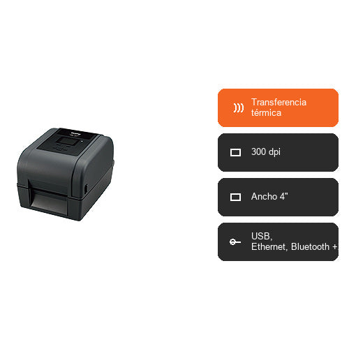 Características de la impresora de etiquetas Brother TD-4750 TD4750TNWBZ1: Transferencia térmica, 300 dpi, Ancho 4", USB, Ethernet, Bluetooth +2