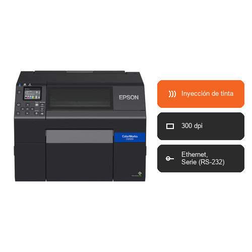 Características de la impresora de etiquetas Epson C6500AE C31CH77102MK: Inyección de tinta, 300 dpi, Ethernet, Serie (RS-232)