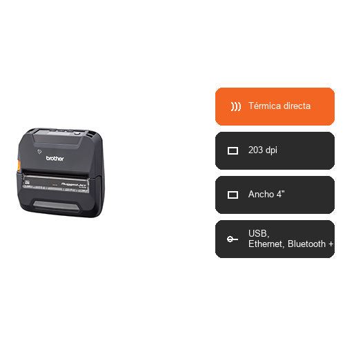 Características de la impresora de etiquetas Brother RJ4230B RJ4230BLZ1: Térmica directa, 203 dpi, Ancho 4", USB, Ethernet, Bluetooth +1