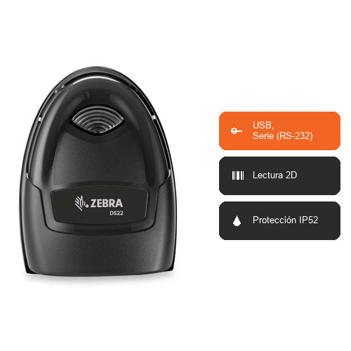 Características del lector de códigos de barras Zebra DS2208 negro DS2208-SR00007ZZWW: USB, Serie (RS-232), Lectura 2D, Protección IP52