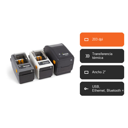 Características de la impresora de etiquetas Zebra ZD411 ZD4A022-T0EM00EZ: 203 dpi, Transferencia térmica, Ancho 2", USB, Ethernet, Bluetooth +2