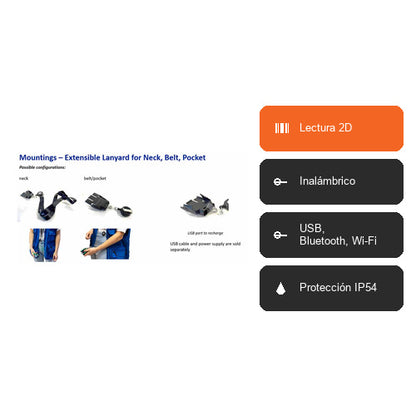 Características del lector de códigos de barras Datalogic HS7600RT HS7600RT: Lectura 2D, Inalámbrico, USB, Bluetooth, Wi-Fi, Protección IP54