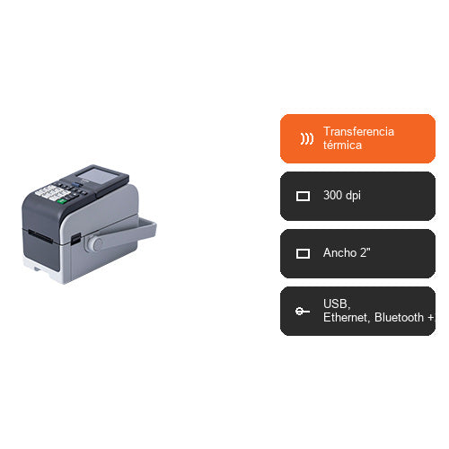 Características de la impresora de etiquetas Brother TD-2350DSA TD2350DSAH300Z1: Transferencia térmica, 300 dpi, Ancho 2", USB, Ethernet, Bluetooth +2