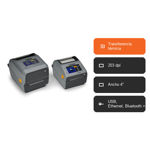Características de la impresora de etiquetas Zebra ZD621 gris ZD6A042-D4EF00EZ: Transferencia térmica, 203 dpi, Ancho 4", USB, Ethernet, Bluetooth +2