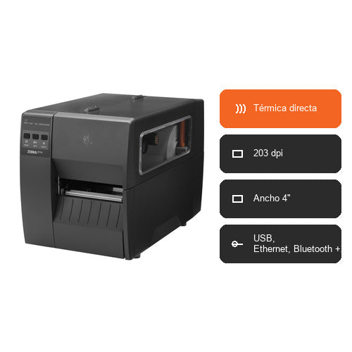 Características de la impresora de etiquetas Zebra ZT111 ZT11142-D0E000FZ: Térmica directa, 203 dpi, Ancho 4", USB, Ethernet, Bluetooth +2