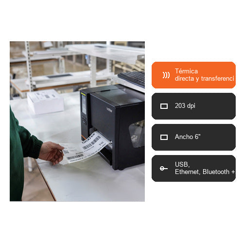 Características de la impresora de etiquetas Brother TJ-6421TN TJ6421TNZ1: Térmica directa y transferencia térmica, 203 dpi, Ancho 6", USB, Ethernet, Bluetooth +3