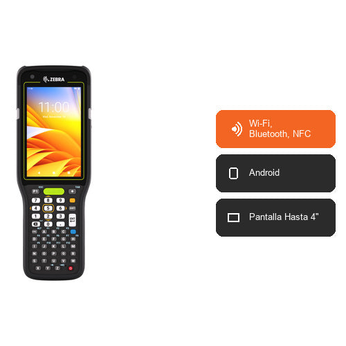 Características del terminal de mano Zebra MC34 MC3401-0G1P64SS-A6: Wi-Fi, Bluetooth, NFC, Android, Pantalla Hasta 4"