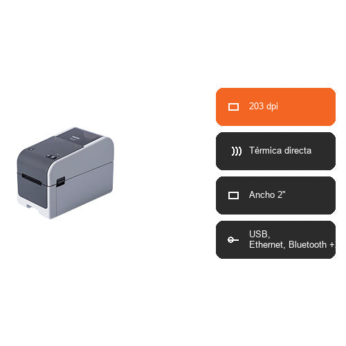 Características de la impresora de etiquetas Brother TD-2320D TD2320D203Z1: 203 dpi, Térmica directa, Ancho 2", USB, Ethernet, Bluetooth +2