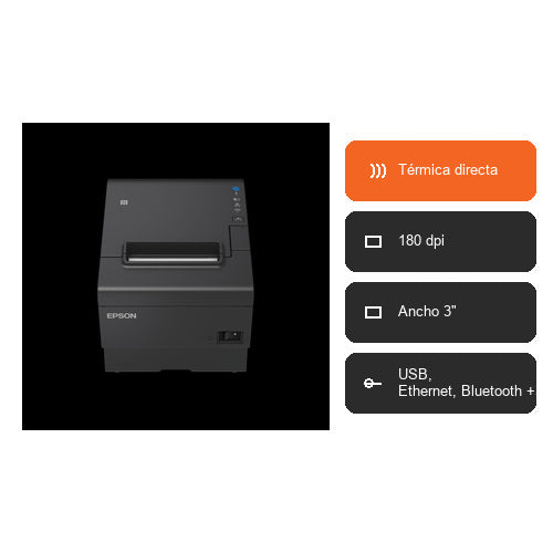 Características de la impresora de etiquetas Epson TM-T88VII negro C31CJ57132: Térmica directa, 180 dpi, Ancho 3", USB, Ethernet, Bluetooth +3