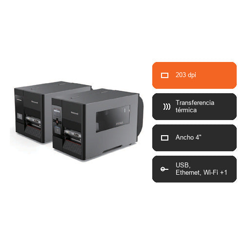 Características de la impresora de etiquetas Honeywell PD45 PD4500BE030000200: 203 dpi, Transferencia térmica, Ancho 4", USB, Ethernet, Wi-Fi +1