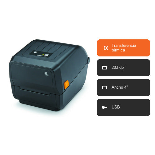 Características de la impresora de etiquetas Zebra ZD220 ZD22042-D0EG00EZ: Transferencia térmica, 203 dpi, Ancho 4", USB