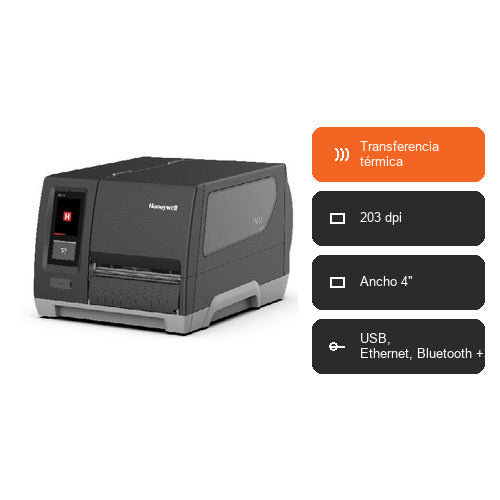 Características de la impresora de etiquetas Honeywell PM45 PM45CA1010030200: Transferencia térmica, 203 dpi, Ancho 4", USB, Ethernet, Bluetooth +3