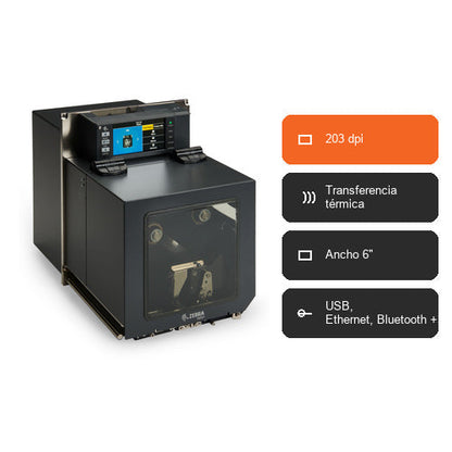 Características de la impresora de etiquetas Zebra ZE521 ZE52162-L0E0000Z: 203 dpi, Transferencia térmica, Ancho 6", USB, Ethernet, Bluetooth +3