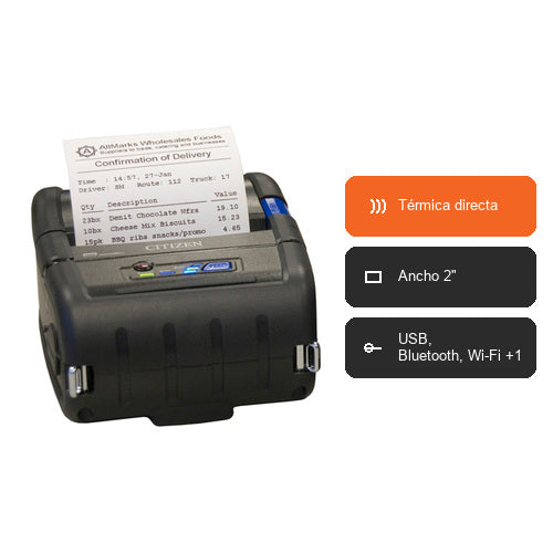 Características de la impresora de etiquetas Citizen CMP-30IIL CMP30IIXUXCL: Térmica directa, Ancho 2", USB, Bluetooth, Wi-Fi +1