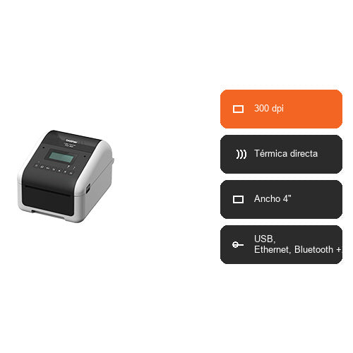 Características de la impresora de etiquetas Brother TD-4D TD4555DNWBFCZ1: 300 dpi, Térmica directa, Ancho 4", USB, Ethernet, Bluetooth +2