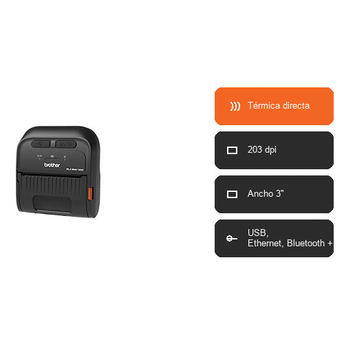 Características de la impresora de etiquetas Brother RJ-3035B RJ3035BXX1: Térmica directa, 203 dpi, Ancho 3", USB, Ethernet, Bluetooth +1