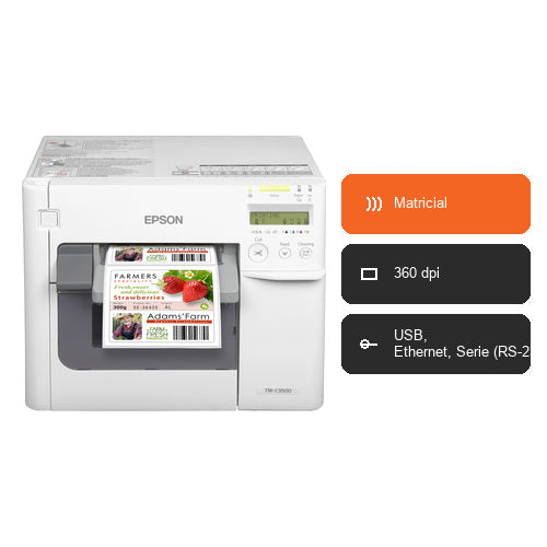 Características de la impresora de etiquetas Epson TM-C3500 C31CD54012CD: Matricial, 360 dpi, USB, Ethernet, Serie (RS-232)