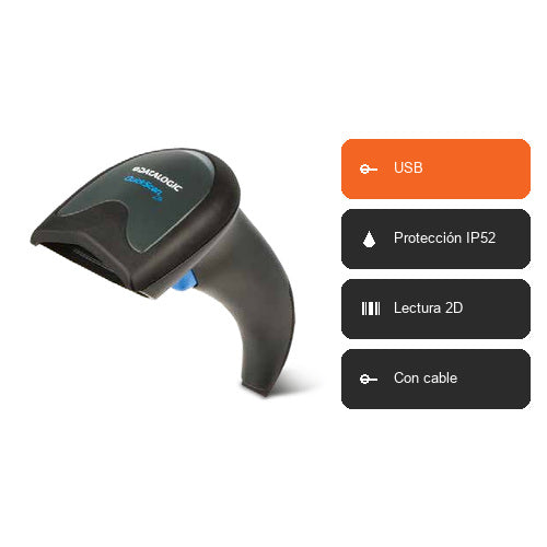 Características del lector de códigos de barras Datalogic QUICKSCAN LITE QW2520-BKK1S: USB, Protección IP52, Lectura 2D, Con cable