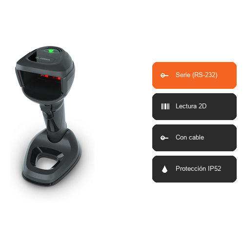 Características del lector de códigos de barras Zebra DS9908 negro DS9908-SR4R0110AZE: Serie (RS-232), Lectura 2D, Con cable, Protección IP52