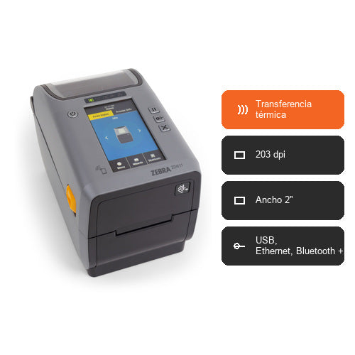 Características de la impresora de etiquetas Zebra ZD611 ZD6A122-T0EER2EZ: Transferencia térmica, 203 dpi, Ancho 2", USB, Ethernet, Bluetooth +3
