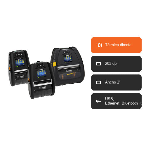 Características de la impresora de etiquetas Zebra ZQ610 ZQ61-AUXAE14-00: Térmica directa, 203 dpi, Ancho 2", USB, Ethernet, Bluetooth +2