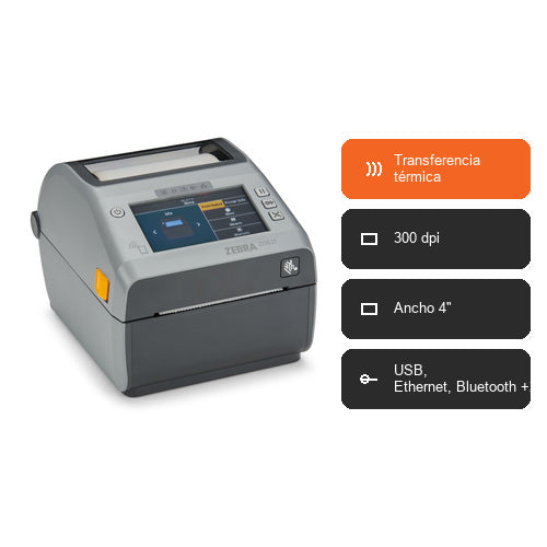 Características de la impresora de etiquetas Zebra ZD621 ZD6A043-30EF00EZ: Transferencia térmica, 300 dpi, Ancho 4", USB, Ethernet, Bluetooth +2