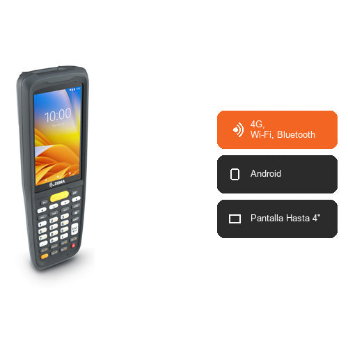 Características del terminal de mano Zebra MC27 MC27BK-2B3S3RW: 4G, Wi-Fi, Bluetooth, Android, Pantalla Hasta 4"
