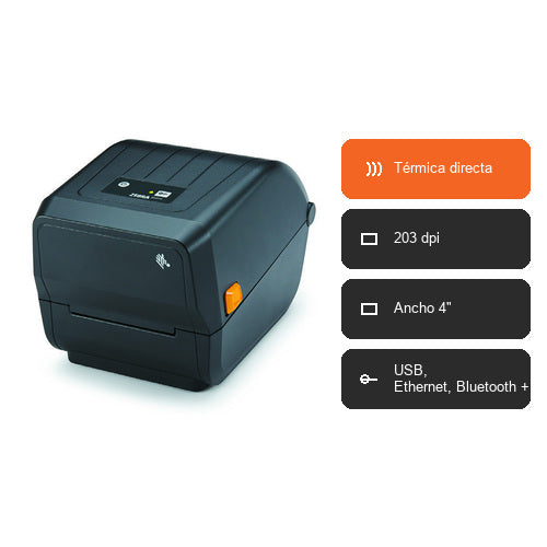 Características de la impresora de etiquetas Zebra ZD230 ZD23042-D0ED02EZ: Térmica directa, 203 dpi, Ancho 4", USB, Ethernet, Bluetooth +1