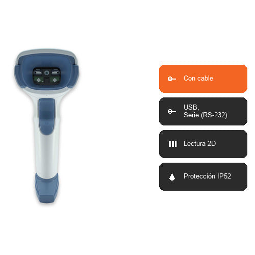 Características del lector de códigos de barras Zebra DS2208 blanco DS2208-HC0000BZZRW: Con cable, USB, Serie (RS-232), Lectura 2D, Protección IP52