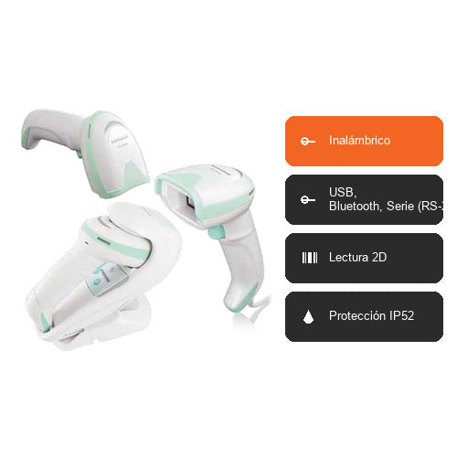 Características del lector de códigos de barras Datalogic GM4500 blanco GM4500-WH-433-WLC: Inalámbrico, USB, Bluetooth, Serie (RS-232), Lectura 2D, Protección IP52