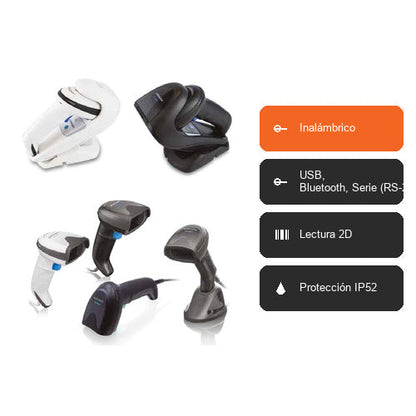 Características del lector de códigos de barras Datalogic GBT4500 GBT4500-BK-HD-WLC: Inalámbrico, USB, Bluetooth, Serie (RS-232), Lectura 2D, Protección IP52