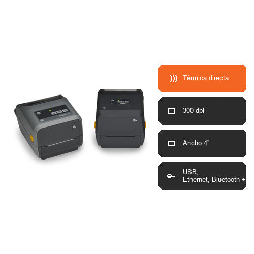 Características de la impresora de etiquetas Zebra ZD421 ZD4AH43-D0EE00EZ: Térmica directa, 300 dpi, Ancho 4", USB, Ethernet, Bluetooth +2