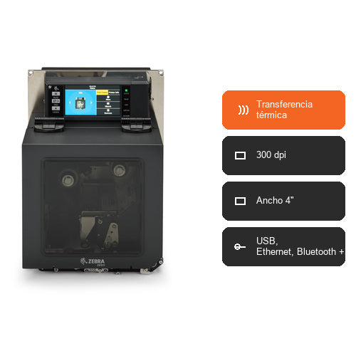 Características de la impresora de etiquetas Zebra ZE511 ZE51143-L0E00C0Z: Transferencia térmica, 300 dpi, Ancho 4", USB, Ethernet, Bluetooth +3