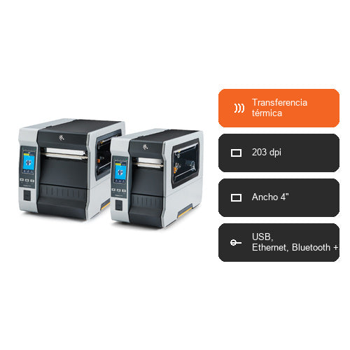 Características de la impresora de etiquetas Zebra ZT610 ZT61042-T0E0100Z: Transferencia térmica, 203 dpi, Ancho 4", USB, Ethernet, Bluetooth +3