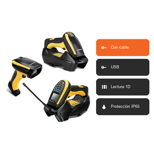 Características del lector de códigos de barras Datalogic PM9100 PM9100-433RBK10: Con cable, USB, Lectura 1D, Protección IP65