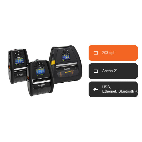 Características de la impresora de etiquetas Zebra ZQ610 ZQ61-AUX2E14-00: 203 dpi, Ancho 2", USB, Ethernet, Bluetooth +2