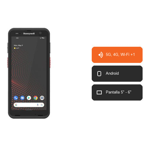 Características del terminal de mano Honeywell CT70 CT70-L0N-058CE104G: 5G, 4G, Wi-Fi +1, Android, Pantalla 5" - 6"