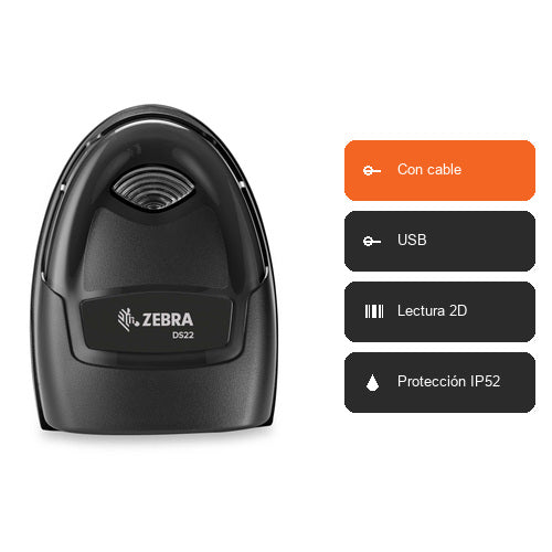Características del lector de códigos de barras Zebra DS2208 negro DS2208-SR7U2500AZW: Con cable, USB, Lectura 2D, Protección IP52